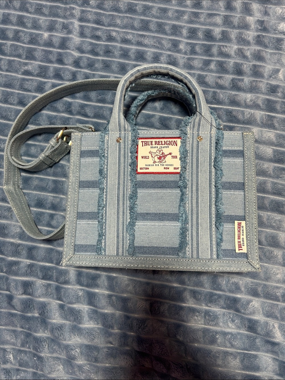 True Religion Blue Striped Denim Messenger Tote